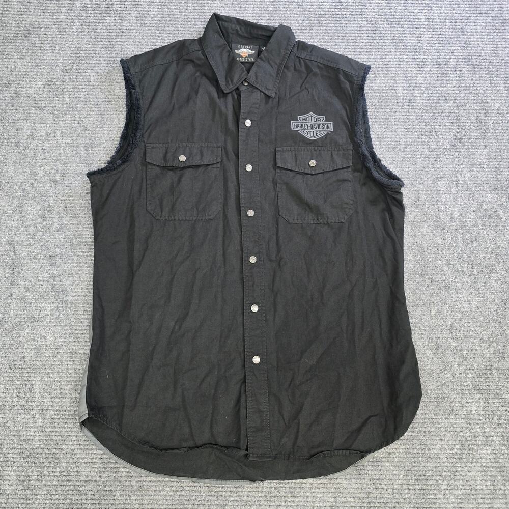 Harley Davidson Shirt Mens Large Black Sleeveless Skull Web Graphic Button Up